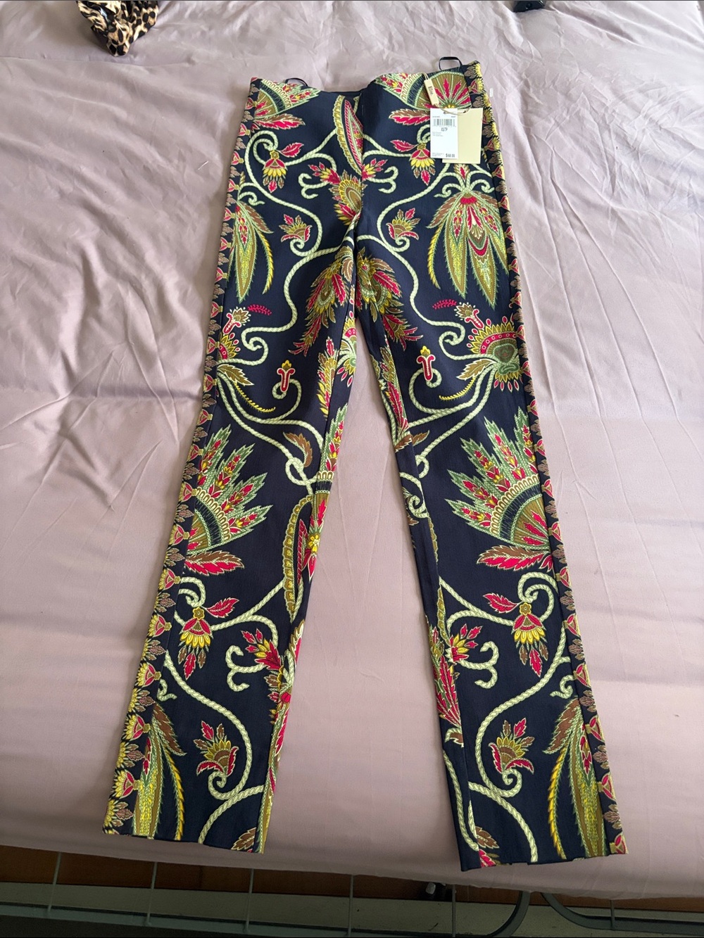 Elie Tahari Black Skinny Jeans with Red & Green Paisley Print